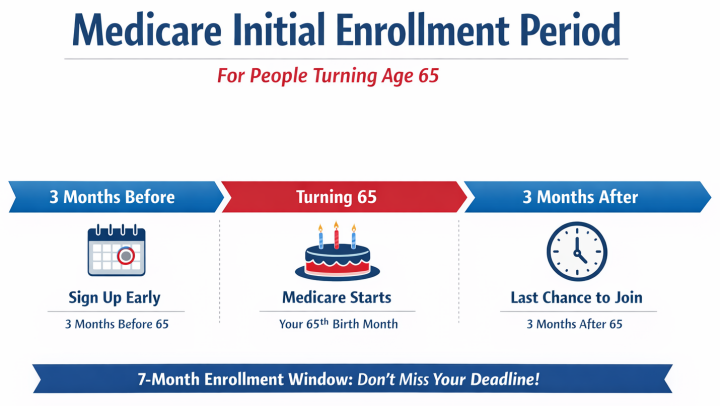 Medicare Initial Enrollment Period timeline showing the 7 month window including the 3 months before your 65th birthday month your birthday month and the 3 months after