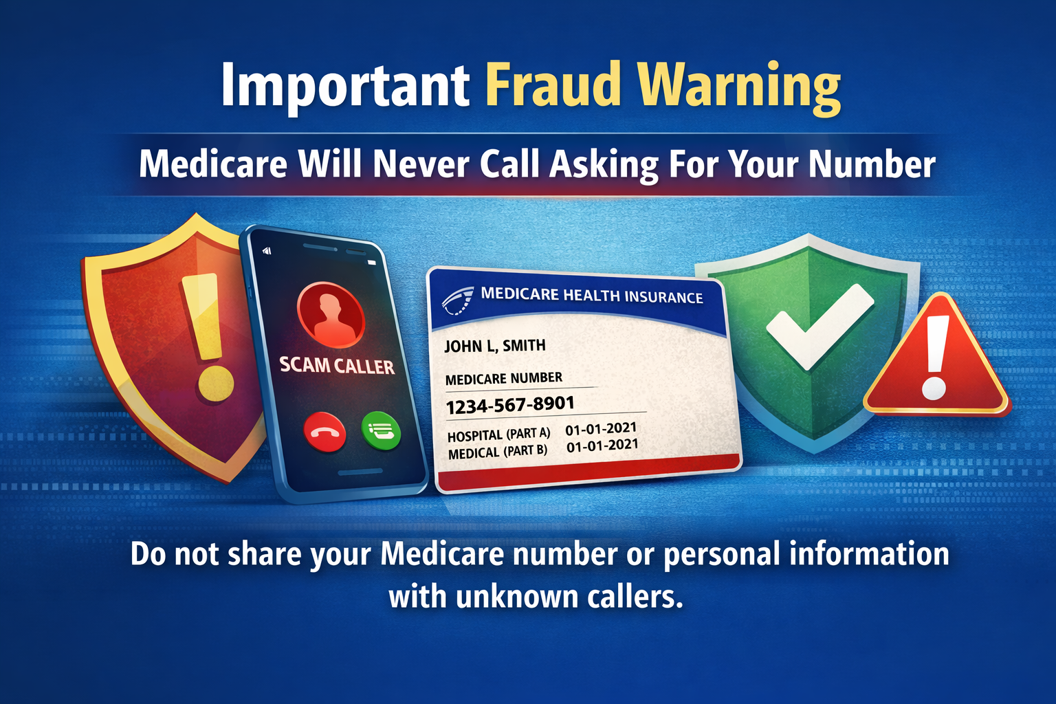 Medicare fraud warning graphic explaining that Medicare will never call asking for your Medicare number