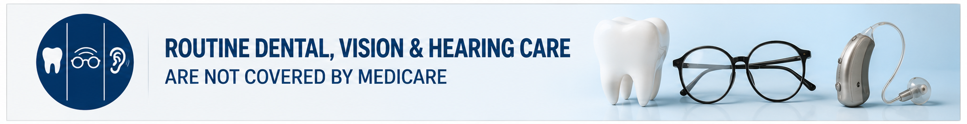 Illustration showing that Medicare generally does not cover routine dental, vision, or hearing care.