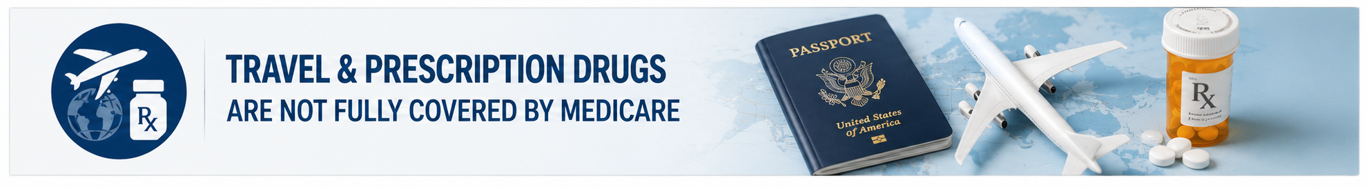 Illustration showing Medicare's limited foreign travel coverage and the need for prescription drug coverage through Medicare Part D.