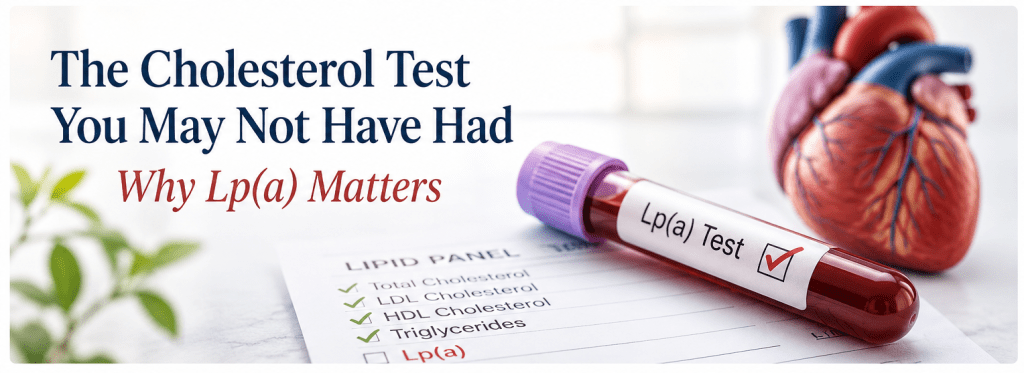 Lp(a) blood test shown with a heart and cholesterol panel, illustrating why Lp(a) testing may be important for heart health.