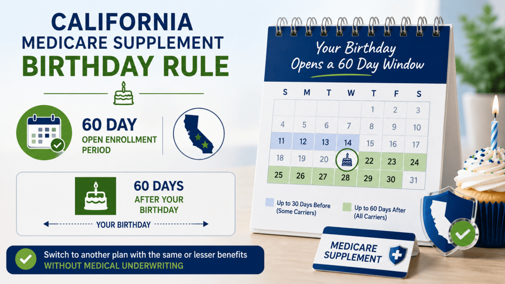 Medicare Supplement California Birthday Rule: 60 day open enrollment period beginning on your birthday, allowing you to switch to a plan with the same or lesser benefits without medical underwriting.